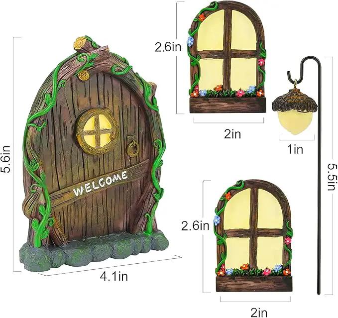 Resin Fairy Door & Window Set with Glow in The Dark Windows, Miniature Sculpture for Trees, Outdoor Decor Accessories by GreenHaven Gardens