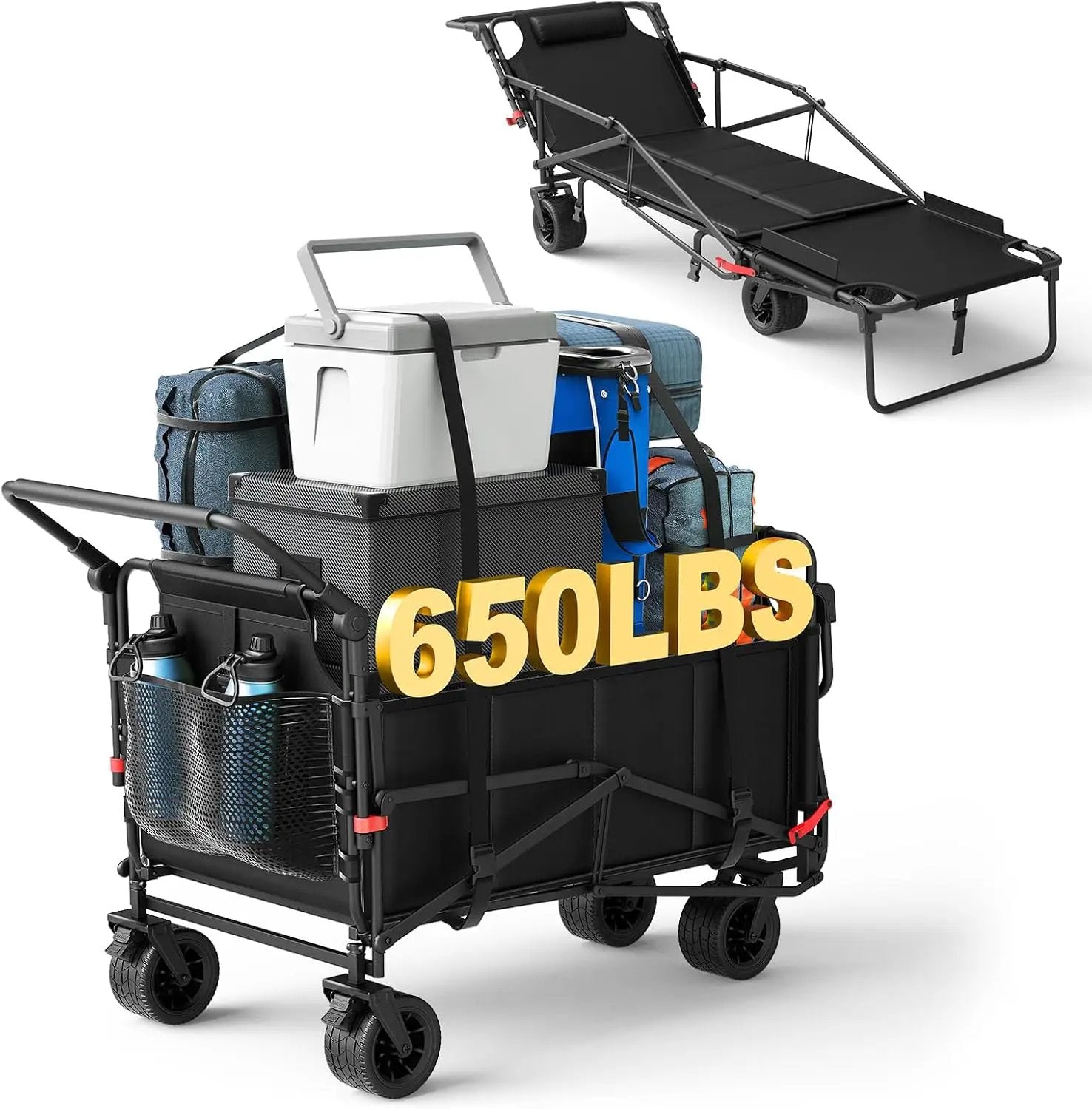 LEVELEVE Heavy Duty Folding Wagon - 2-in-1 Collapsible Cart, 650lb Capacity, All-Terrain Wheels w/Brakes & Side Pockets (Black) by GreenHaven Gardens