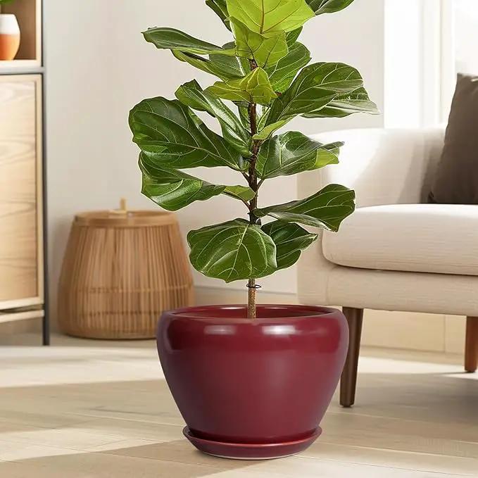 10 Inch Plant Pot - Ceramic Planter Pot with Drainage Hole and Saucer Large Planter for Indoor Plants Round Outdoor Flower Pot Mid-Century Decor Red by GreenHaven Gardens