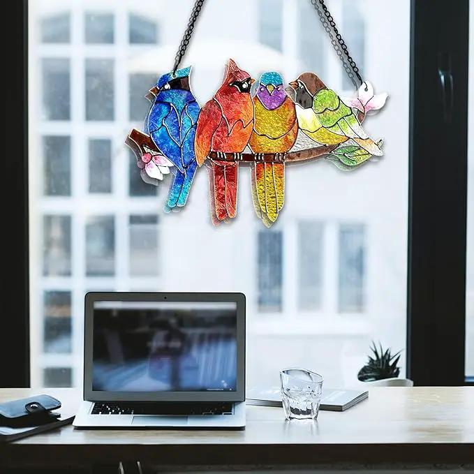 Stained Glass Window Hanging - Birds on A Branch Suncatcher for Window Doors Home Decoration, Valentine's Day Mother's Day Birthday Bird Lover Gifts for Women, Men, and Mom Grandma by GreenHaven Gardens