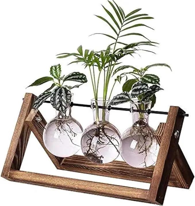 Kingbuy Plant Terrarium Propagation Station - 3 Glass Bulb Vases with Retro Wooden Stand Boho Desktop Planter for Hydroponics Home Garden Indoor Home Office Decor Unique Gifts for Women & Plant Lovers by GreenHaven Gardens