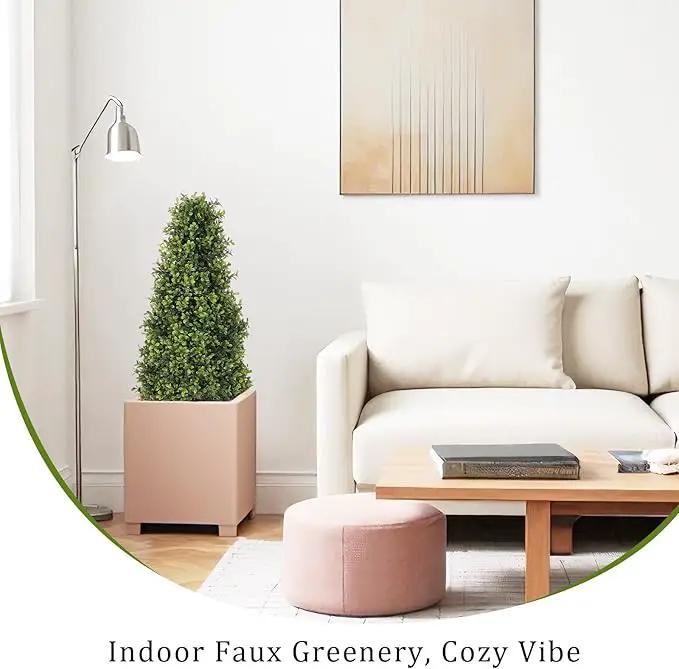 3ft Artificial Boxwood Topiary Trees (Set of 2) - UV Resistant Faux Plants Outdoor, Realistic 36" Fake Cone Bushes and Shrubs for Front Porch, Planter, Patio - Low Maintenance & Evergreen