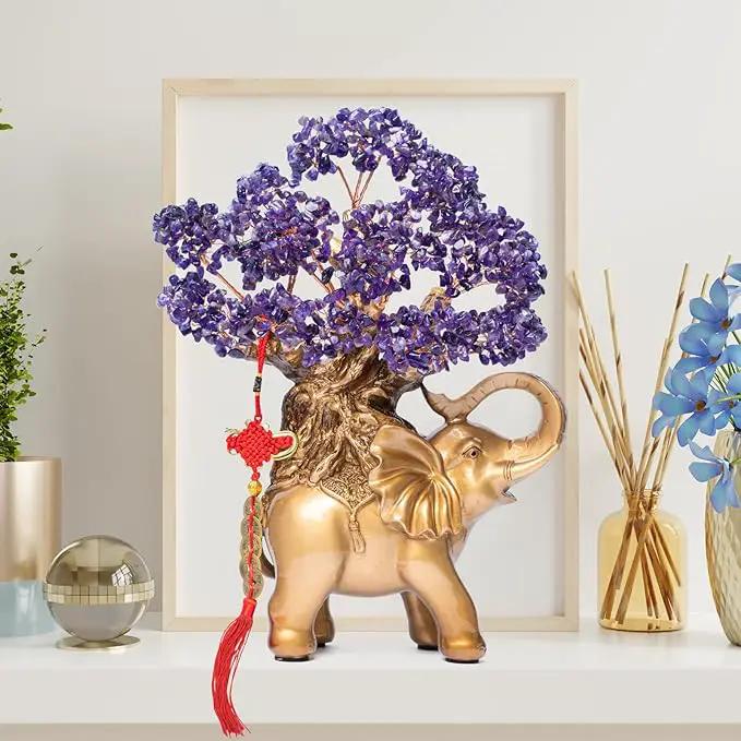 Amethyst Crystal Money Tree on Gold Elephant Statue, 17”Large Gemstone Bonsai Tree of Life Home Décor Gifts for Wealth Positive Energy, Feng Shui Décor by GreenHaven Gardens