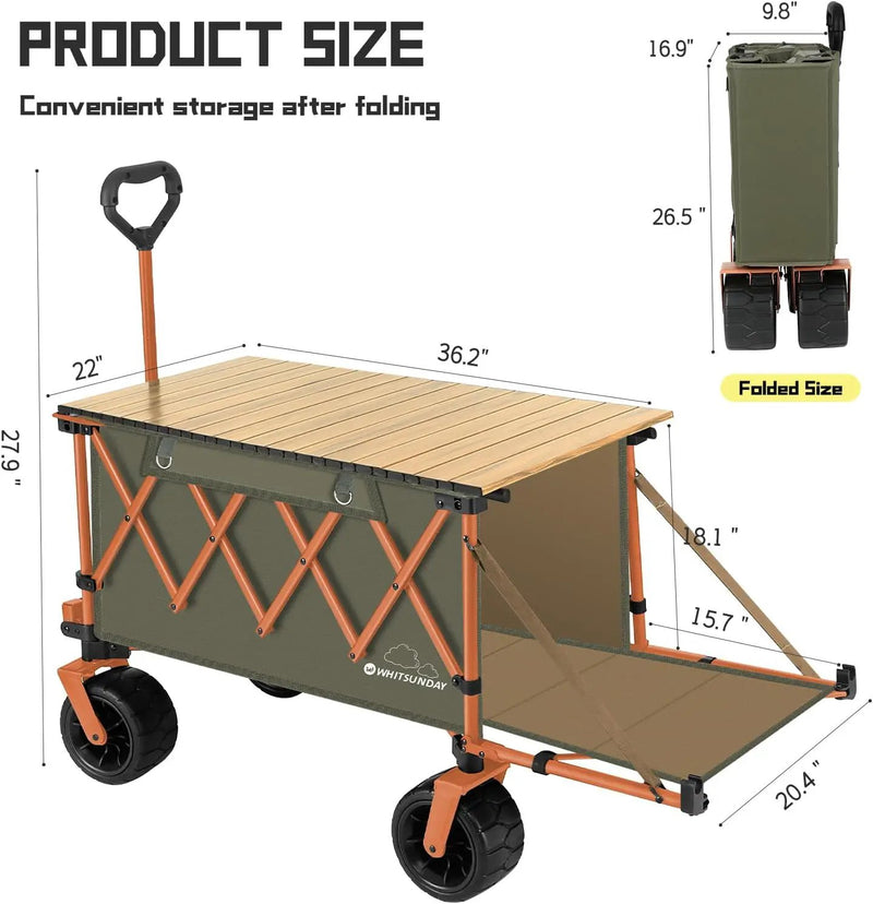 Whitsunday Collapsible Folding Wagon with Table, Heavy Duty Utility Beach Wagons with Opened Tailgate and All-Terrain Wheels for Camping,Garden,Sports (Max Orange) by GreenHaven Gardens