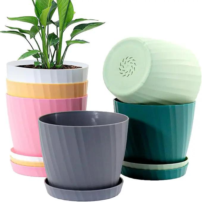 7 Inch Plant Pots Bulk, 6 Pack Plastic Planters with Drainage Holes and Saucers for Indoor Outdoor House Plants and Flowers, Colorful by GreenHaven Gardens