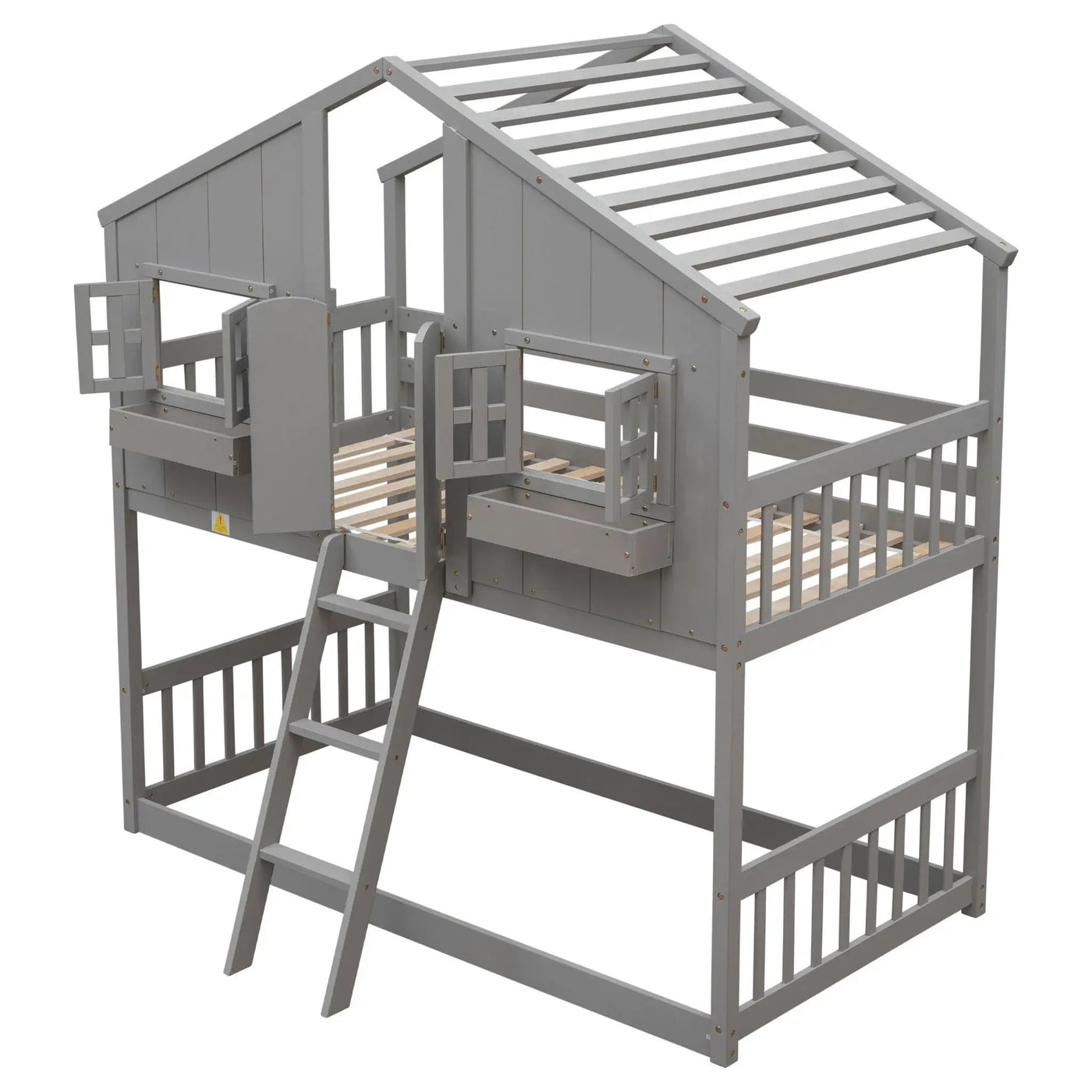 House Bunk Bed With Roof, Window, Window Box, Door, With Safety Guardrails And Ladder by HouseOfZazla