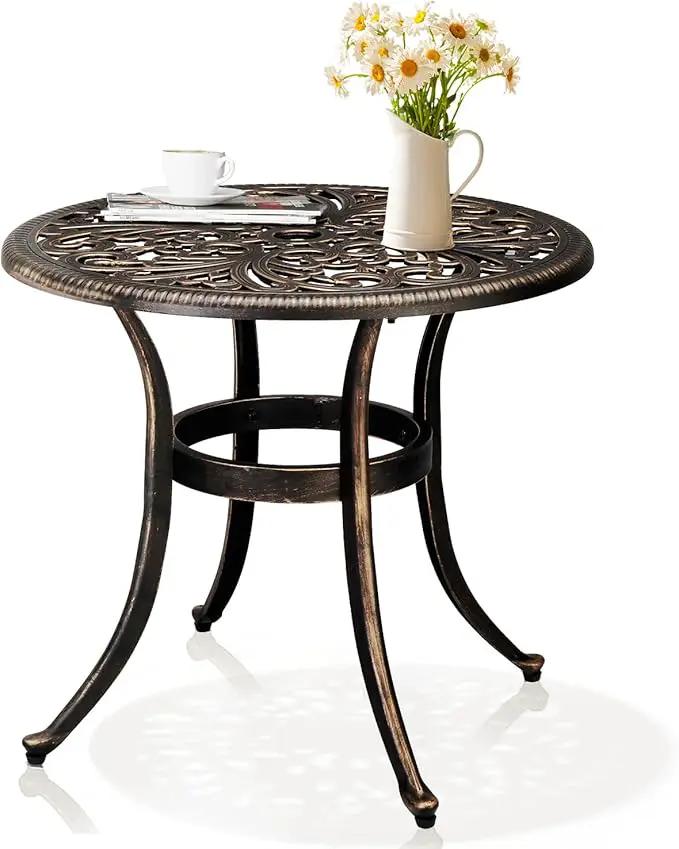 Outvita Patio Side Table, 23.6in Outdoor Round Cast Aluminum Bistro Table with Umbrella Hole and Antique Design for Backyard Porch Pool Balcony Deck Bronze by GreenHaven Gardens