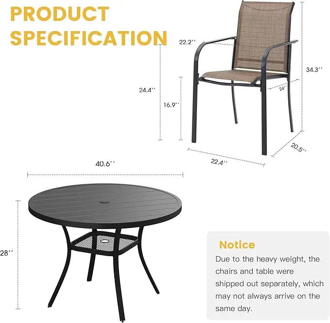 VICLLAX 5 Pieces Patio Dining Set for 4, Outdoor Furniture Set Includes 40.7" Round Patio Table and 4 Patio Stackable Chairs, Black Tabletop and Brown Fabric by GreenHaven Gardens