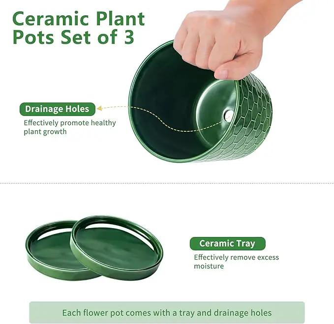 EFISPSS Ceramic Plant Pots, 4+5+6 Inch Pots for Indoor Plants, Flower Pots with Drainage Hole and Tray,Indoor/Outdoor Usage, Modern Style Garden Pots Set of 3 - Patina by GreenHaven Gardens