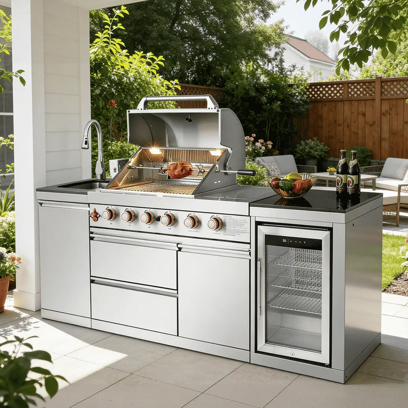 85.2" 4+1 Burner 71500 BTU Silver Outdoor Kitchen Island Grill + Sink + Refrigerator by Chery Industrial