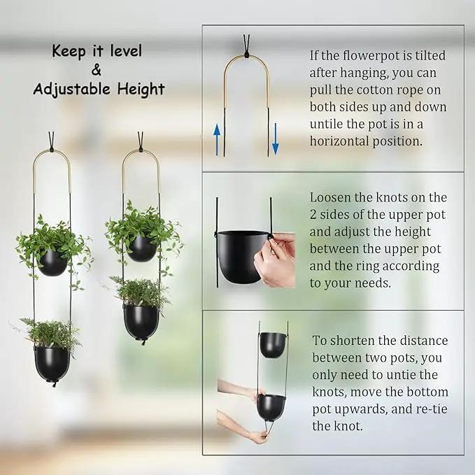 Modern Metal Hanging Planter for Indoor Outdoor Plants with Hook 2 Tier Boho Wall and Ceiling Flower Pots Baskets Holder Home Office Decor(Black) by GreenHaven Gardens