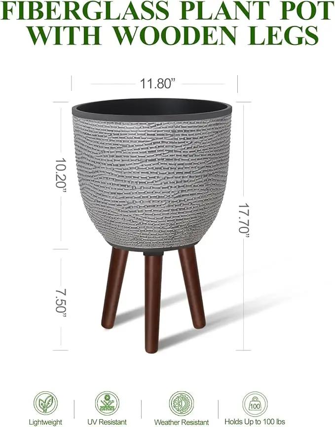 12 Inches Plant Pot with Stand, Large Decorative Standing Planters with Drainage Holes for Indoor Plants, Modern Gray Flower Pots with Legs by GreenHaven Gardens