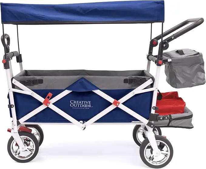 Creative Outdoor Wagon for Kids Push Pull Collapsible Stroller Folding Cart | Silver Series | Beach Park Garden & Tailgate | Navy Blue by GreenHaven Gardens