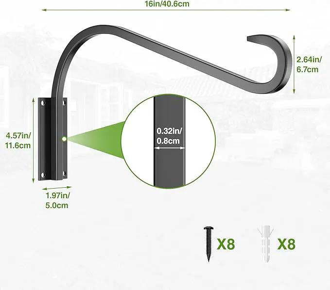 16 Inch 2 Pack Plant Hangers for Indoor/Outdoor Wall Mount - Heavy Duty Hanging Plant Holder & Bird Feeder Hooks, Decorative Black Metal Wall Hangers for Plants, Flower Baskets by GreenHaven Gardens