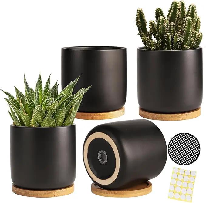 4 Inch Ceramic Plant Pots with Drainage Holes and Trays, Adorable Small Cylinder Flower Planter Pot for Indoor Plants, Succulent, Snake Plants, Cactus & Herbs, Black, Set of 4 by GreenHaven Gardens