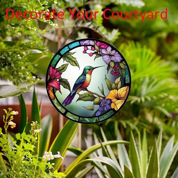Hummingbirds and Flowers Pattern Hanging Stained Glass Suncatcher,Stained Glass Suncatchers for Windows,20cm/7.87inch Hand-Painted Sun Catcher Garden Painted Glass Panel Decor Themed Gift by GreenHaven Gardens