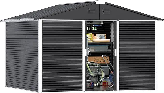 Metal Outdoor Storage Shed 10FT x 10FT, Steel Utility Tool Shed Storage House with Sliding Door, Metal Sheds Outdoor Storage for Backyard Garden Patio Lawn, Black by GreenHaven Gardens
