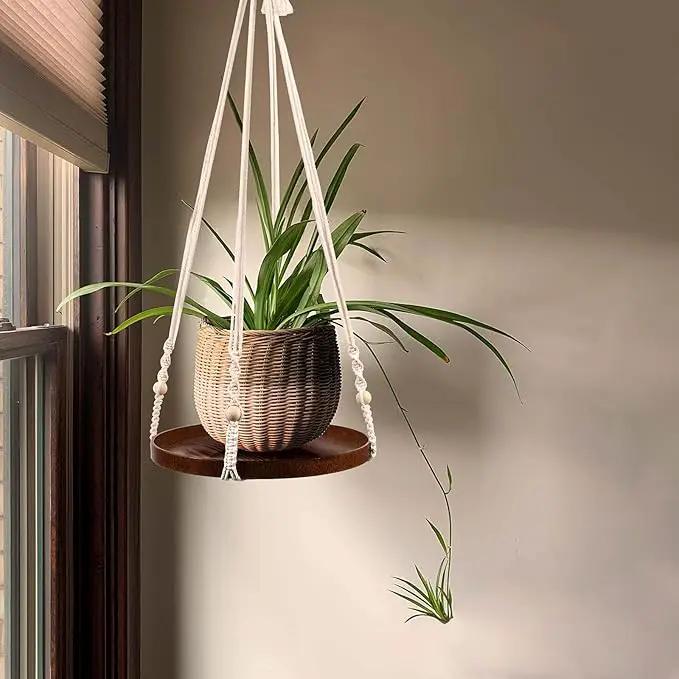 Macrame Plant Hanger - 2 Set Indoor Hanging Planter Shelf - Hanging Planter Rack Decorative Flower Pot Holder - Handmade Cotton Plant Hangers with Wood Tray Boho Home Decor by GreenHaven Gardens