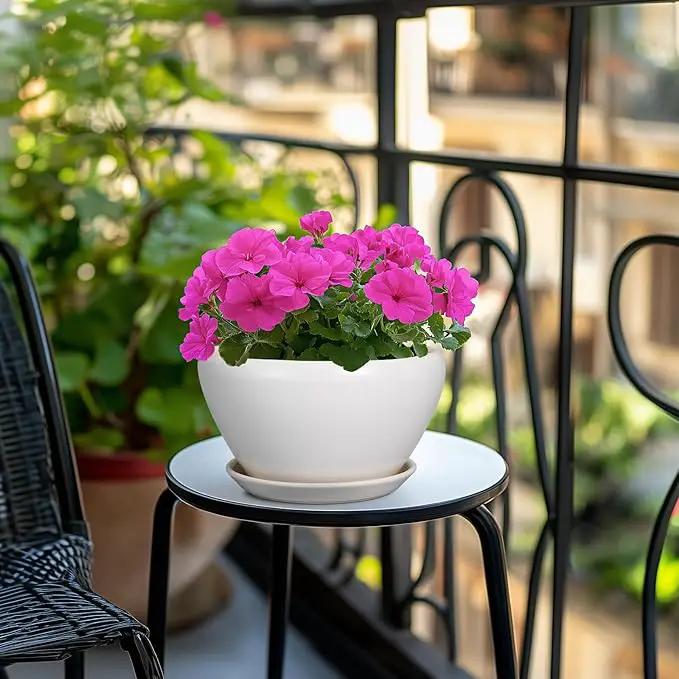 Ceramic Planter - 9 Inch Plant Pot Indoor with Drainage Hole and Saucer for Outdoor Plants Mid-Century Round Planter Modern Flower Pot for House Garden White by GreenHaven Gardens