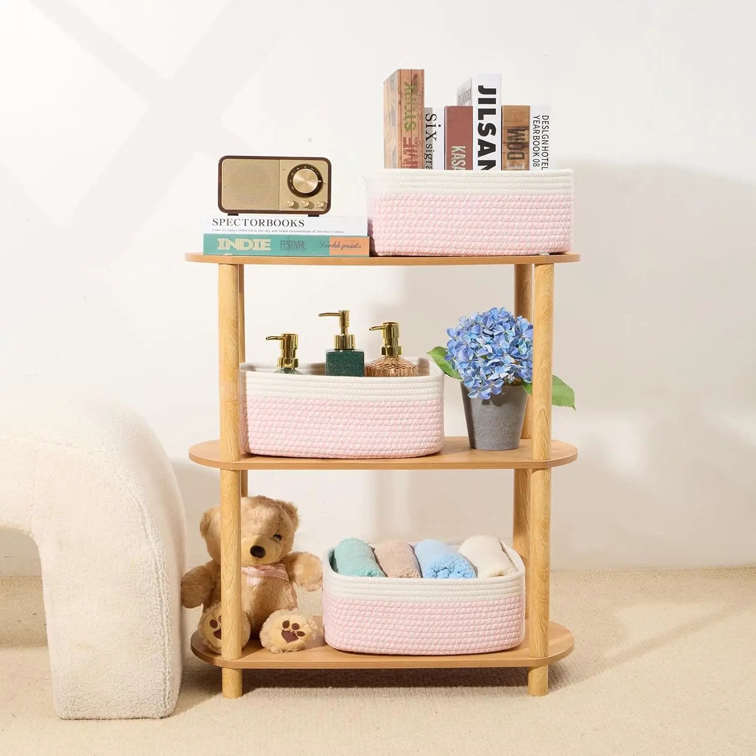 Small Storage Baskets for Organizing | Closet Organizer Bins | Shelf Toy Basket | Woven Rope Baskets | Cube Decorative Box | Shallow Basket | 13x8.5x5.1” | 3 Packs White Pink by GreenHaven Gardens