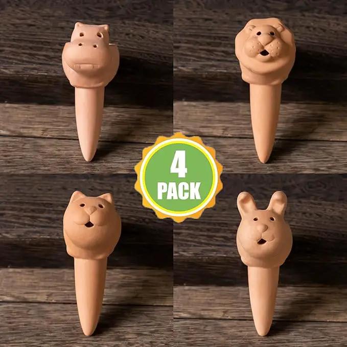 Plant Watering Devices 4 Pack Terracotta Vacation Plant Waterer Bottle Watering Stakes Slow Release Plant Watering Spikes Self Watering Devices for Indoor Outdoor Plants by GreenHaven Gardens