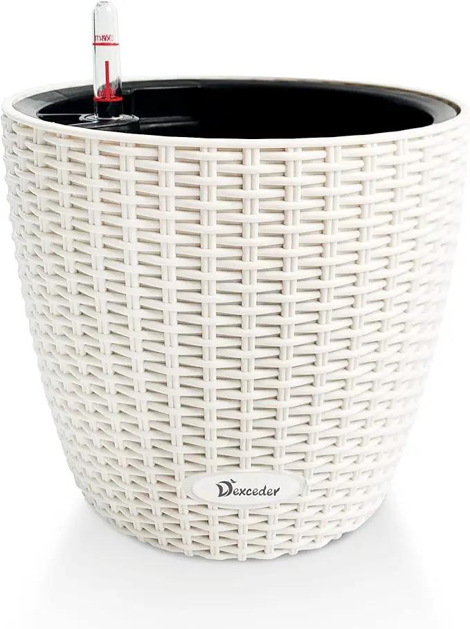 Dexceder 11x10 Inches Rattan Self Watering Planter Indoor Outdoor, Inner Pot Design, Thickened Table Flower Plant Pot with Water Level Indicator (Ivory White) by GreenHaven Gardens
