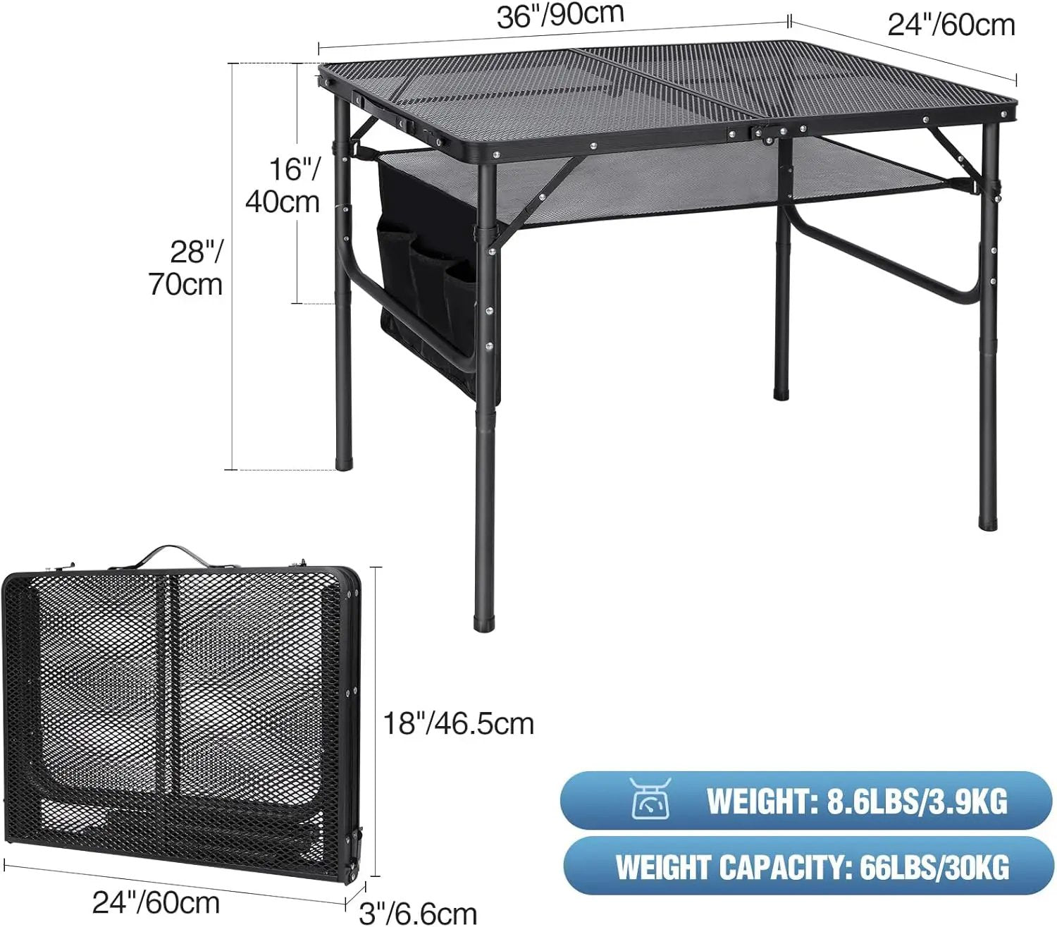 RedSwing Folding Grill Table,Aluminum Portable Grill Stand Table for Outdoor Camping Picnic BBQ Lightweight, Adjustable Height, 36''x24''x16/28'', Black by GreenHaven Gardens