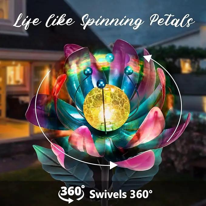 Solar Purple Metal Flower Wind Spinners, Colorful Spinning Windmill Lotus Yard Art Lights Wind Pinwheels with LED Crystal Ball Decorative Stake Lighting Flower Sculpture by GreenHaven Gardens