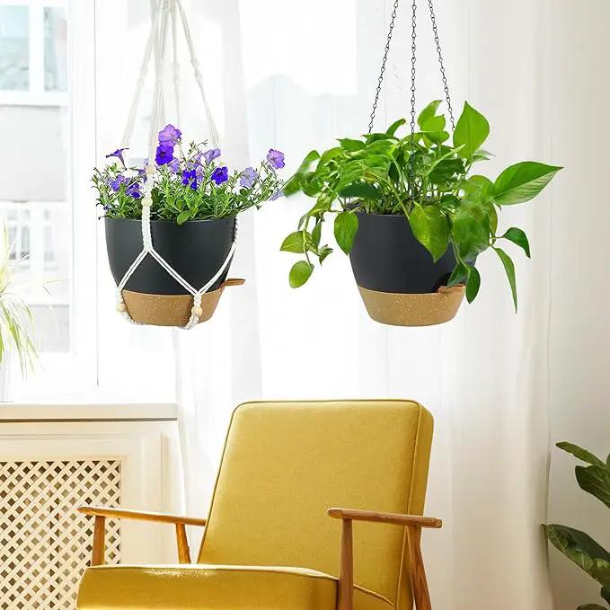 Self Watering Hanging Planters 10 inch, 2 Pack Hanging Flower Pots for Indoor Outdoor Plants, Hanging Baskets with Drainage Holes & 2 Kinds of Plant Hangers for Garden Home Decor, Black Brown by GreenHaven Gardens