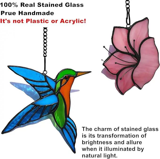 2 Pack Stained Glass Hummingbird with Flower Suncatcher for Window Hanging Ornament, Sun Catchers Indoor Window, Stained Glass Birds with Flower Gifts for Women, Mom, Birds Lovers by GreenHaven Gardens