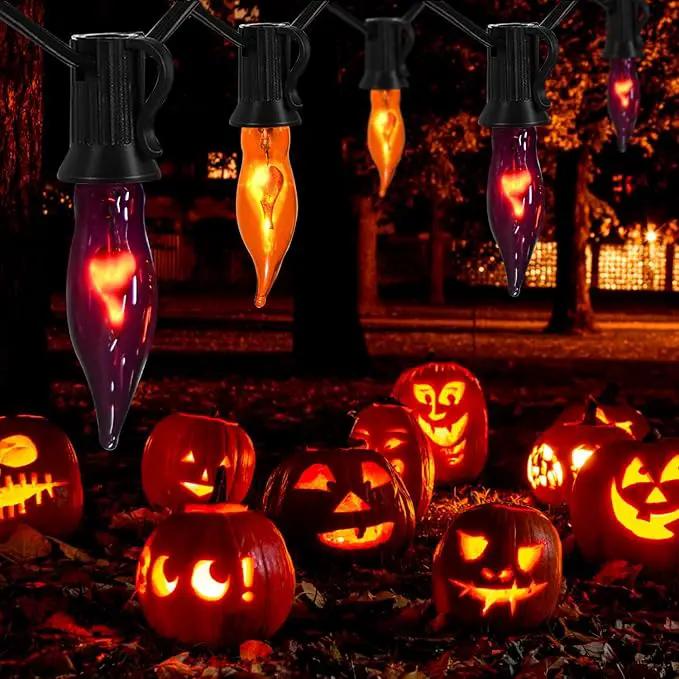12.8Ft Halloween Decorations - Indoor/Outdoor Flickering Flame String Lights, Orange & Purple, 12 Pack C7 Flame Lights Bulbs by GreenHaven Gardens