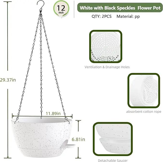 12 Inch Hanging Baskets 2 PC with Chains, Self-Watering Hanging Planters for Indoor Outdoor Plants, Plastic Hanging Flower Pots,Speckled White by GreenHaven Gardens