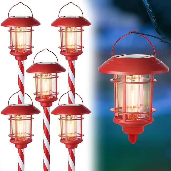 Dynaming 6 Pack Dual Use Solar Christmas Path Lights Outdoor, Hanging Lantern Solar Garden Light with Edison Bulb, Xmas Pathway Markers, Auto On/Off Candy Cane Lights for Patio Yard Walkway Driveway by GreenHaven Gardens