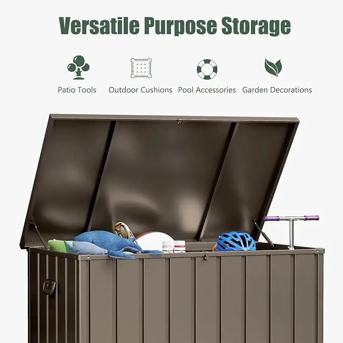Domi Deck Box 150 Gallon, Waterproof Lockable Steel Outdoor Storage Container for Outside Cushions, Garden Tools and Pools Equipment, Brown by GreenHaven Gardens