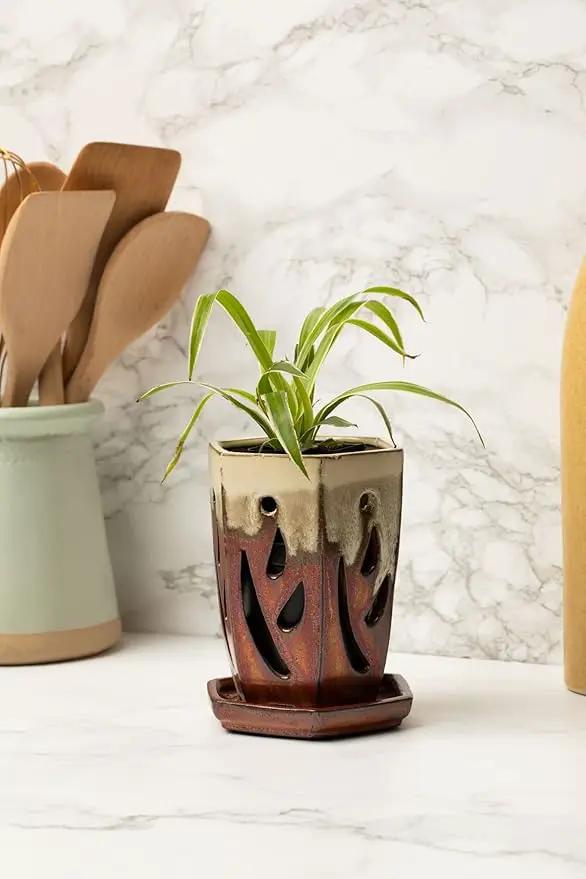 rePotme 4 x 6 inch Ceramic Orchid Pot (Honey Cream Over Copper) - Hexagon Orchid Pot with Holes by GreenHaven Gardens