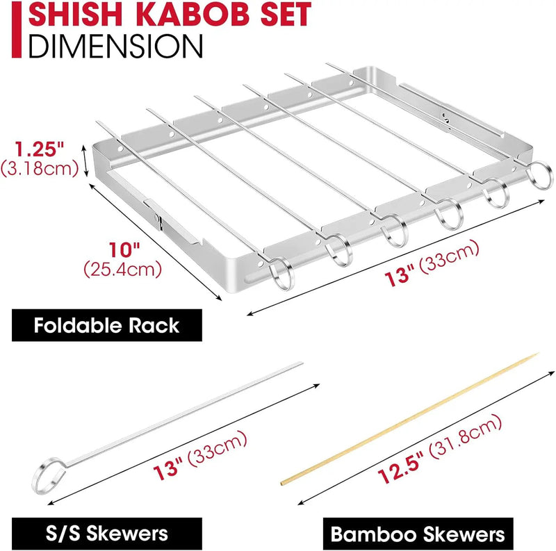 Unicook Stainless Steel BBQ Shish Kabob Set, Foldable Shish Kabob Holder with 6pcs 13"L Skewers, Reusable Grill Rack, Comes with 30pcs 12.5"L Bamboo Skewers for Party and Cookout by GreenHaven Gardens