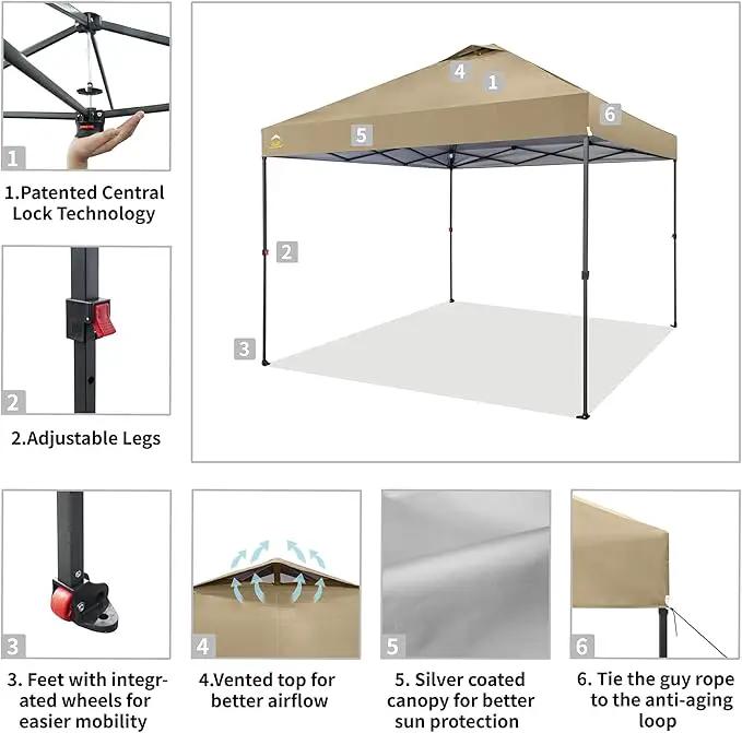 CROWN SHADES 10x10 Pop Up Canopy Tent - Patented Center Lock One Push Instant Outdoor Canopy Beach Tent with STO-N-Go Bag 8 Stakes & 4 Sand Bags，Khaki by GreenHaven Gardens