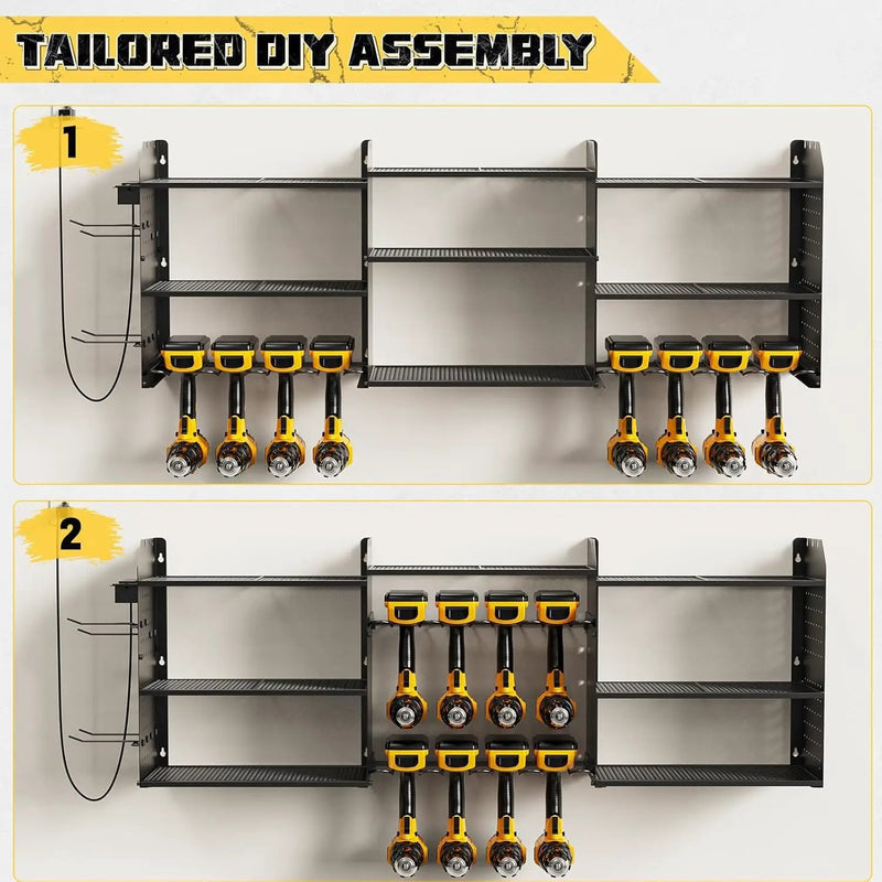 Power Tool Organizer with Charging Station Wall Mount, 3 Layer Expanded Heavy Duty Garage Organization, 45.5 Inch Length Garage Tool Storage, 8 Drills, 2 Assemble Method, Black by GreenHaven Gardens