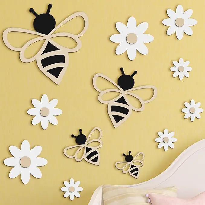 12 Pieces Wooden Bee Decor Farmhouse Honey Bee Daisy Wall Art Hanging Floral Wall Sign for Nursery Indoor Outdoor Garden Yard Kitchen by GreenHaven Gardens