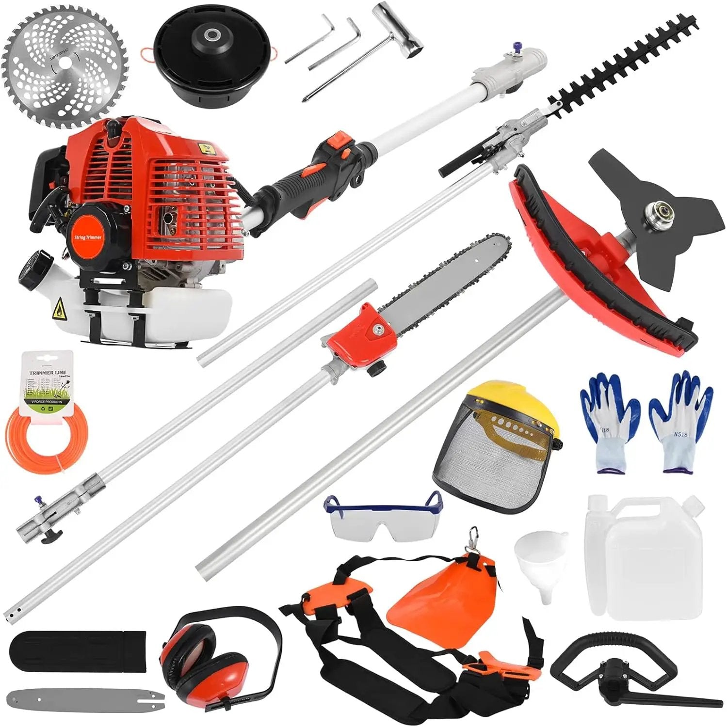 Weed Eater Gas Powered 52cc - 2 Cycle, 5 in 1 Grass Trimmer, Gas Hedge Trimmer, String Trimmer, Brush Cutter, Pole Saw with Extension Pole, Multi Functionallandscaping Tools & Equipmen Red by GreenHaven Gardens
