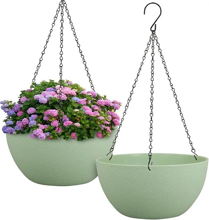 12 inch Large Hanging Planters Plant Pots for Indoor Outdoor Plants, 2 Pack Hanging Flower Pots with Drainage Holes and Chain for Garden Porch, Plastic Hanging Baskets for House Plants, Green by GreenHaven Gardens