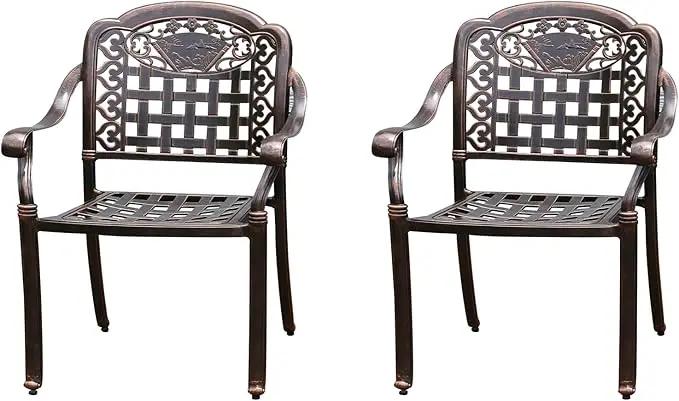 Outdoor Dining Chair Cast Aluminum Patio Chairs Set of 2 All-Weather Patio Dining Chair with Adjustable Feet for Backyard Garden (Positive Lattice Landscape Chair) by GreenHaven Gardens