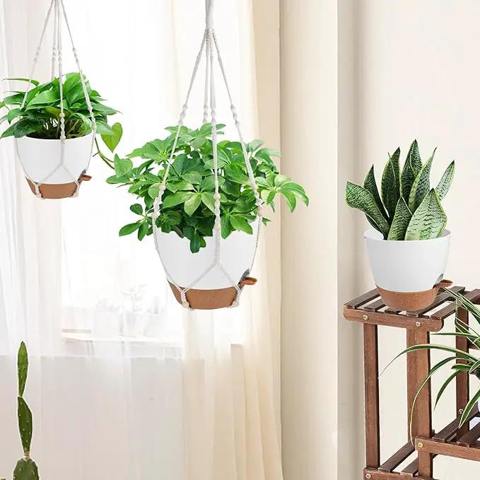 41.5 Inch Macrame Plant Hanger Indoor Outdoor with 12 Inch Flower Pot, Hanging Planter for Plants Holder with Wood Beads for Boho Home Decor (Ivory+White) by GreenHaven Gardens