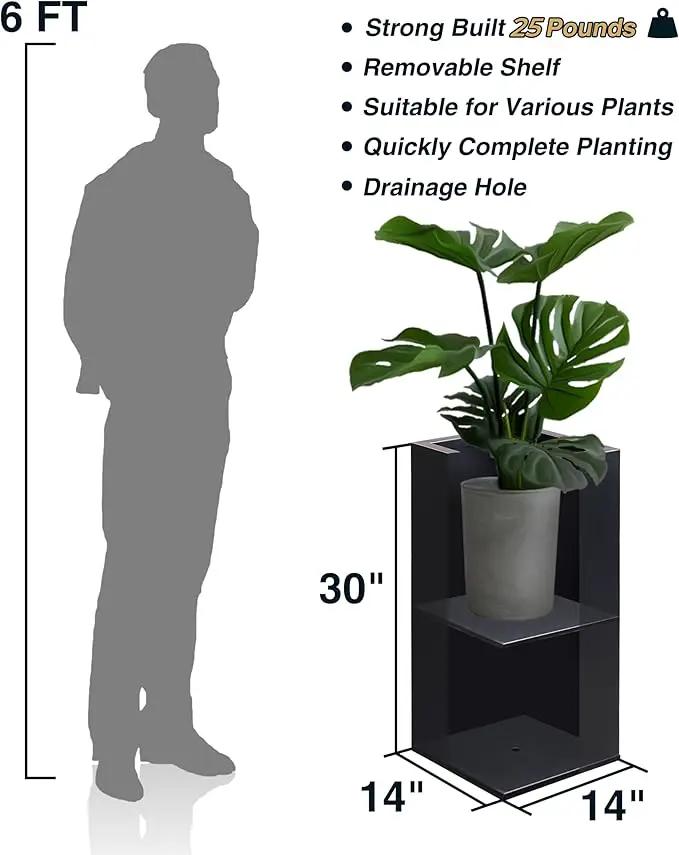 Metallic Heavy Tall Outdoor/Indoor Planter Box 14Lx14Wx30H Inches Rectangular Large Flowerpot, Tall Metal Planter Box for Front Porch ‎25 Pounds, No Assembly Required, Black, 1 Pack by GreenHaven Gardens