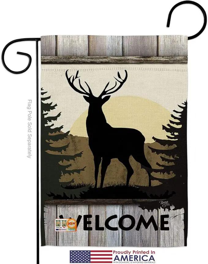 Welcome Deer Garden House Flags Set Animals Wildlife Outdoor Bear Wolf Pet Nature Farm Animal Creature Small Decorative Gift Yard Banner Made In USA 28 X 40 by GreenHaven Gardens