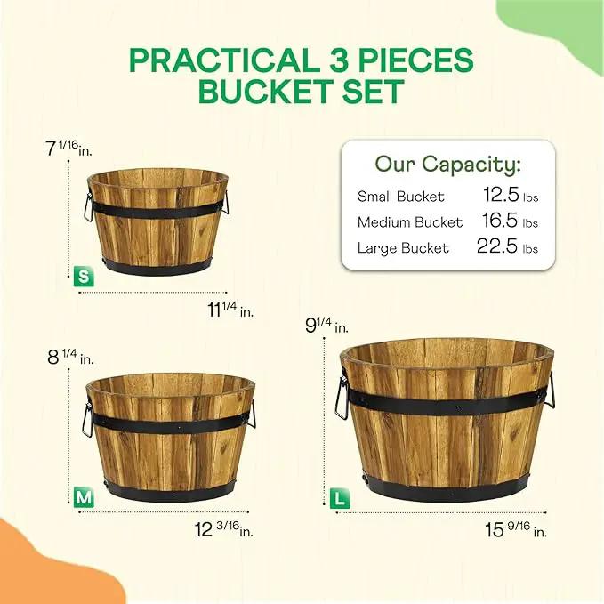 IDZO Set of 3 Wooden Flower Planters for Outdoor Plants, Acacia Wood Barrel Planters, Ergonomic Handles, Drainage Holes, Various Sizes, Golden Teak by GreenHaven Gardens