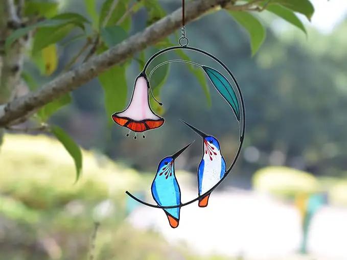 Lolitarcrafts Hummingbird with Flower Stained Glass Suncatcher Bird Stained Glass Window Hangings Hummingbird Gift for Home Decor (Blue 1 Pair) by GreenHaven Gardens