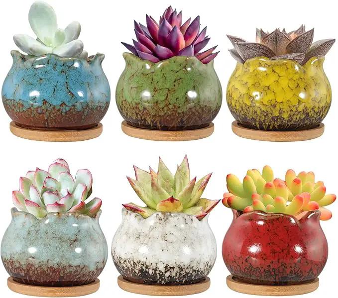 Laerjin Succulent Pots, 4 Inch Ceramic Plant Pots and Drainage Hole with Bamboo Tray, Colorful Flower Planter Pot, Pack of 6, Plants Not Included by GreenHaven Gardens