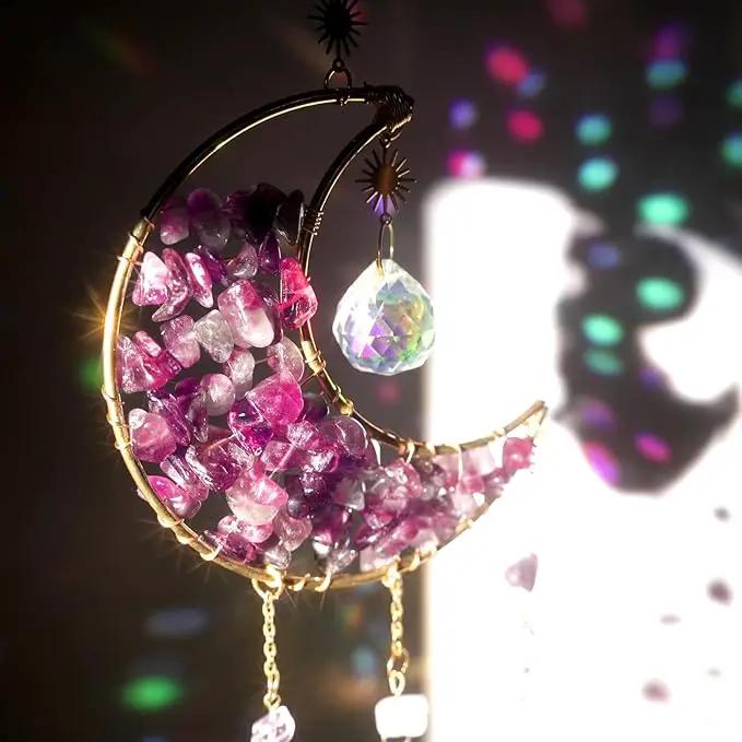 Amethyst Crystals Suncatcher - Hanging Moon Sun Catcher with Glass Prisms for Windows, Healing Amethyst Crystal Decor for Home, Gift for Christmas Birthday Valentine Mothers Day by GreenHaven Gardens
