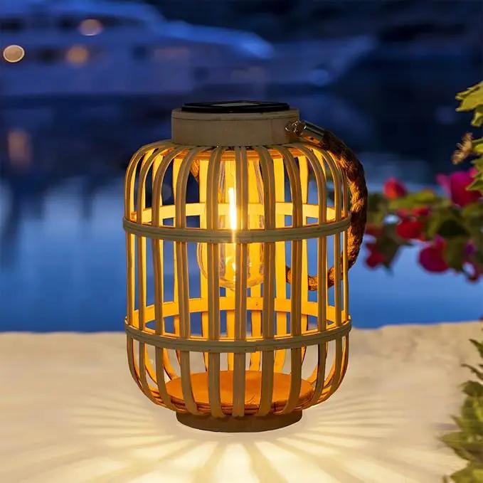 pearlstar Outdoor Solar Lanterns Light Rattan Natural Lantern with Handle for Hanging or Table Lamp for Patio Yard Garden Wedding Home Decoration, Edison Bulb, Auto on/Off (Style 4) by GreenHaven Gardens
